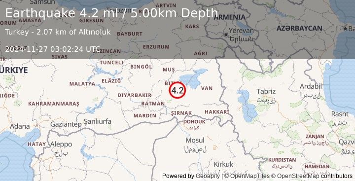 Earthquake EASTERN TURKEY (4.2 ml) (2024-11-27 03:02:24 UTC)