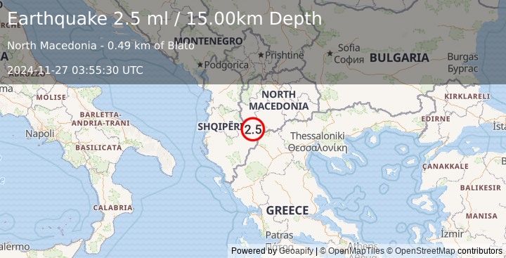 Earthquake REPUBLIC OF NORTH MACEDONIA (2.5 ml) (2024-11-27 03:55:30 UTC)