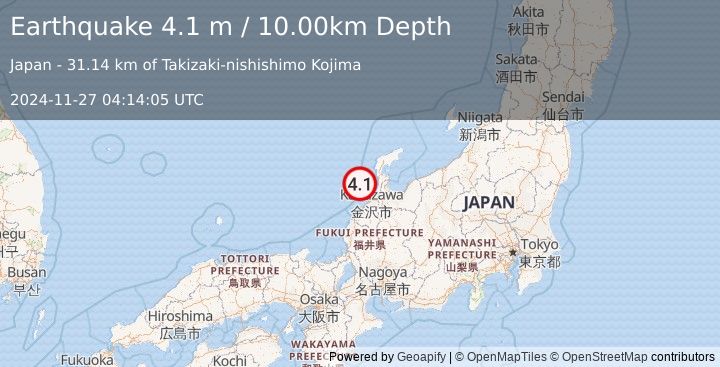 Earthquake NEAR WEST COAST OF HONSHU, JAPAN (4.1 m) (2024-11-27 04:14:05 UTC)