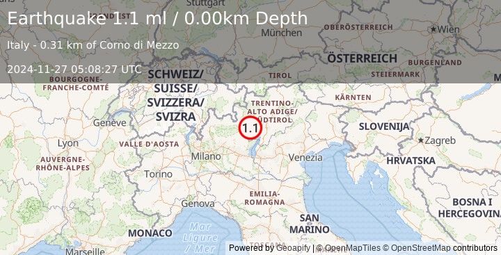 Earthquake NORTHERN ITALY (1.1 ml) (2024-11-27 05:08:27 UTC)