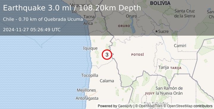 Earthquake TARAPACA, CHILE (3.0 ml) (2024-11-27 05:26:49 UTC)