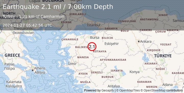 Earthquake WESTERN TURKEY (2.1 ml) (2024-11-27 05:42:56 UTC)