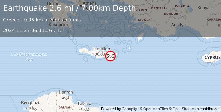 Earthquake CRETE, GREECE (2.6 ml) (2024-11-27 06:11:26 UTC)