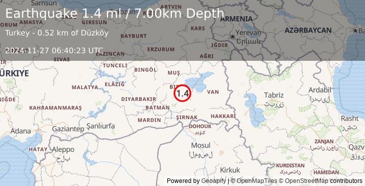 Earthquake EASTERN TURKEY (1.4 ml) (2024-11-27 06:40:23 UTC)