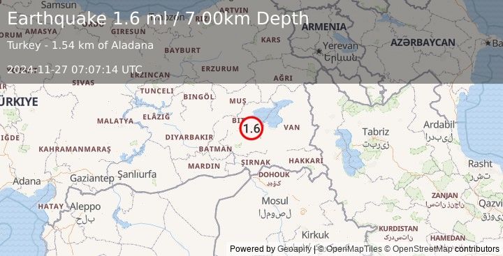 Earthquake EASTERN TURKEY (1.6 ml) (2024-11-27 07:07:14 UTC)