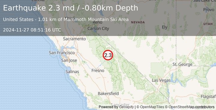 Earthquake LONG VALLEY AREA, CALIFORNIA (2.3 md) (2024-11-27 08:51:16 UTC)