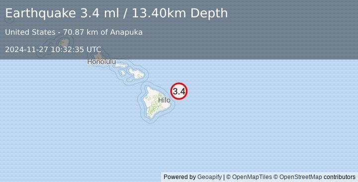 Earthquake HAWAII REGION, HAWAII (3.4 ml) (2024-11-27 10:32:35 UTC)