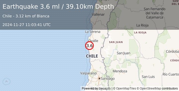 Earthquake COQUIMBO, CHILE (3.6 ml) (2024-11-27 11:03:41 UTC)