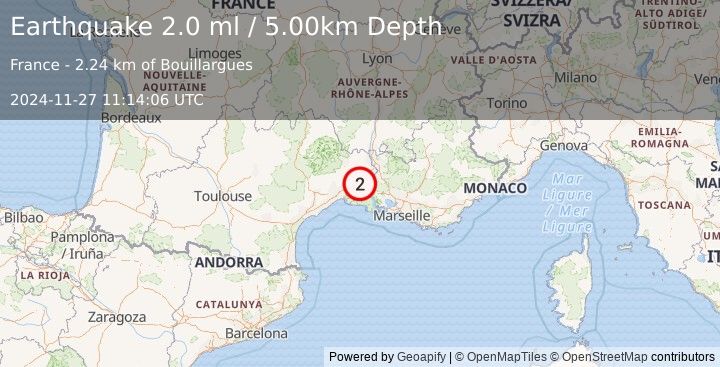 Earthquake NEAR SOUTH COAST OF FRANCE (2.0 ml) (2024-11-27 11:14:06 UTC)