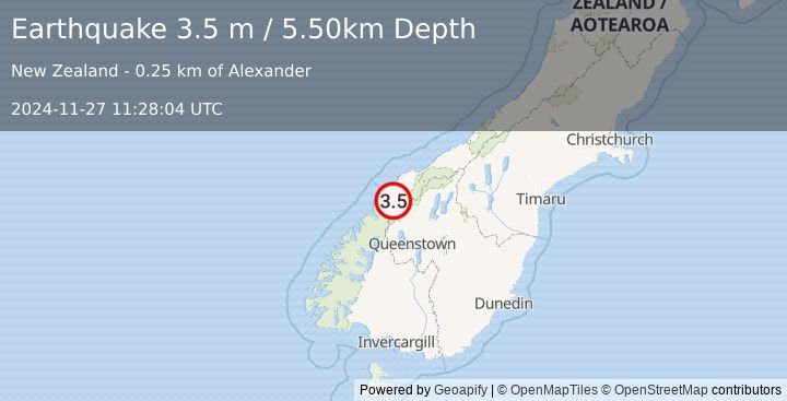 Earthquake SOUTH ISLAND OF NEW ZEALAND (3.5 m) (2024-11-27 11:28:04 UTC)