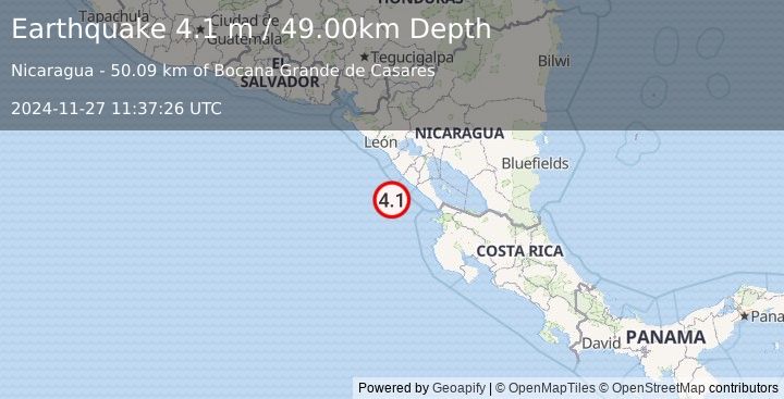 Earthquake NEAR COAST OF NICARAGUA (4.1 m) (2024-11-27 11:37:26 UTC)