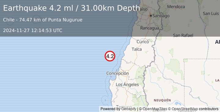 Earthquake OFFSHORE BIO-BIO, CHILE (4.2 ml) (2024-11-27 12:14:53 UTC)