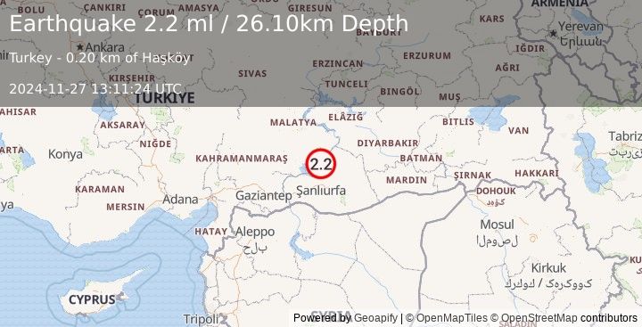 Earthquake EASTERN TURKEY (2.2 ml) (2024-11-27 13:11:24 UTC)