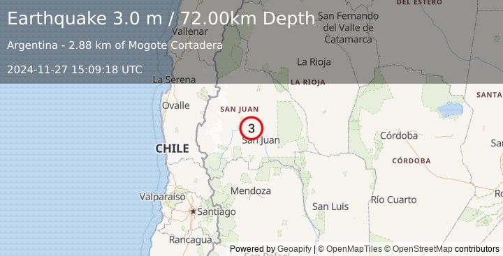 Earthquake SAN JUAN, ARGENTINA (3.0 m) (2024-11-27 15:09:18 UTC)