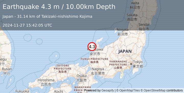 Earthquake NEAR WEST COAST OF HONSHU, JAPAN (4.3 m) (2024-11-27 15:42:05 UTC)