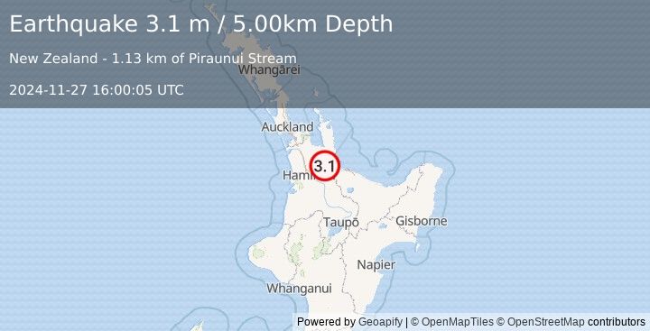 Earthquake NORTH ISLAND OF NEW ZEALAND (3.1 m) (2024-11-27 16:00:05 UTC)