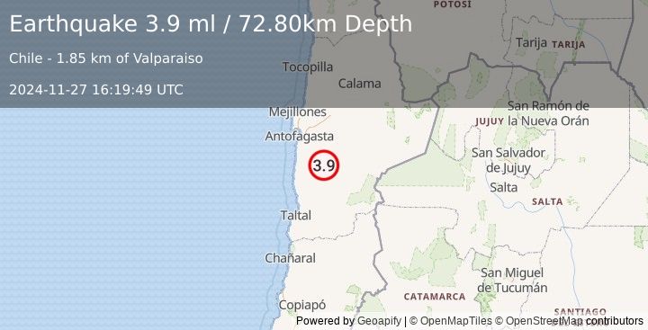 Earthquake ANTOFAGASTA, CHILE (3.9 ml) (2024-11-27 16:19:49 UTC)