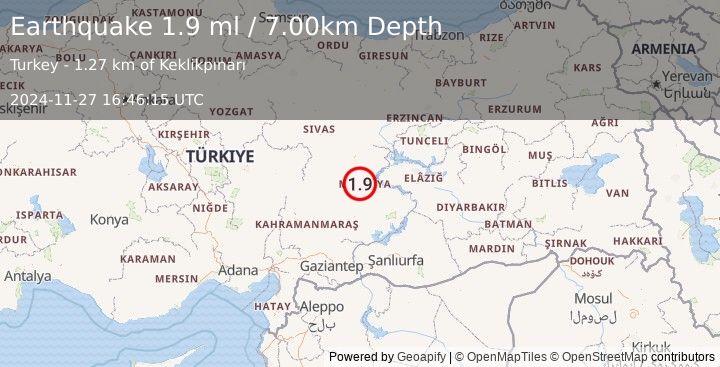 Earthquake EASTERN TURKEY (1.9 ml) (2024-11-27 16:46:15 UTC)