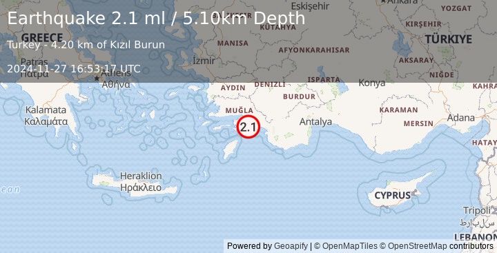 Earthquake DODECANESE IS.-TURKEY BORDER REG (2.1 ml) (2024-11-27 16:53:17 UTC)