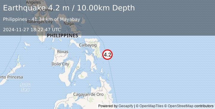 Earthquake PHILIPPINE ISLANDS REGION (4.2 m) (2024-11-27 18:22:47 UTC)