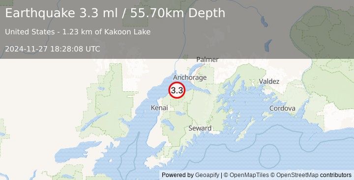 Earthquake KENAI PENINSULA, ALASKA (3.3 ml) (2024-11-27 18:28:08 UTC)