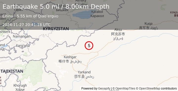 Earthquake SOUTHERN XINJIANG, CHINA (5.0 ml) (2024-11-27 20:41:18 UTC)