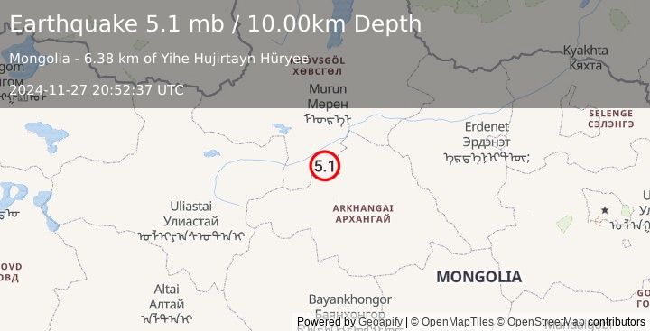 Earthquake CENTRAL MONGOLIA (5.1 mb) (2024-11-27 20:52:37 UTC)