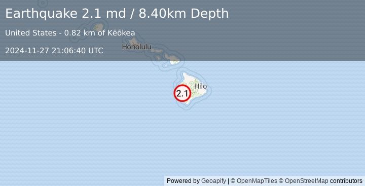 Earthquake ISLAND OF HAWAII, HAWAII (2.1 md) (2024-11-27 21:06:40 UTC)