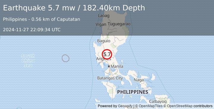 Earthquake LUZON, PHILIPPINES (5.7 mw) (2024-11-27 22:09:34 UTC)