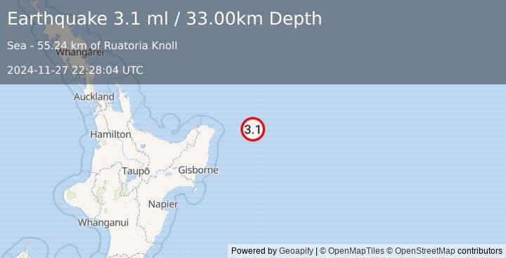 Earthquake OFF E. COAST OF N. ISLAND, N.Z. (3.1 ml) (2024-11-27 22:28:04 UTC)