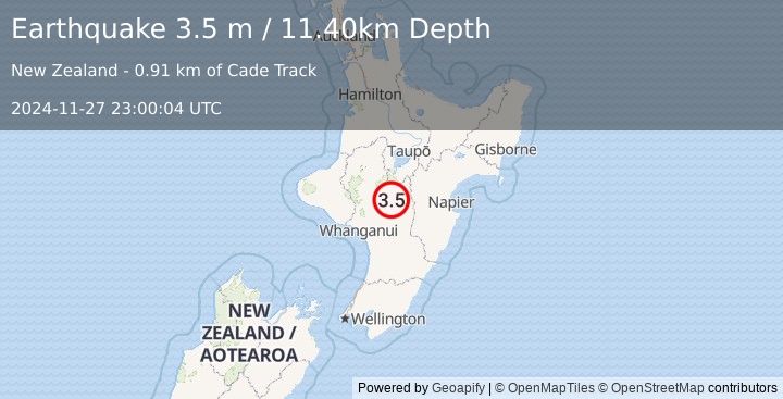 Earthquake NORTH ISLAND OF NEW ZEALAND (3.5 m) (2024-11-27 23:00:04 UTC)