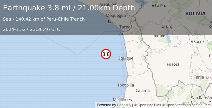 Earthquake OFF COAST OF TARAPACA, CHILE (3.8 ml) (2024-11-27 23:30:46 UTC)