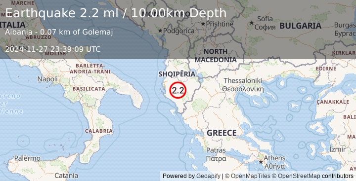 Earthquake ALBANIA (2.2 ml) (2024-11-27 23:39:09 UTC)