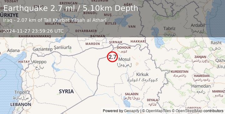 Earthquake IRAQ (2.7 ml) (2024-11-27 23:59:26 UTC)