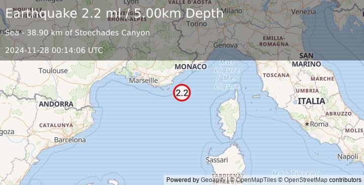 Earthquake WESTERN MEDITERRANEAN SEA (2.2 ml) (2024-11-28 00:14:06 UTC)