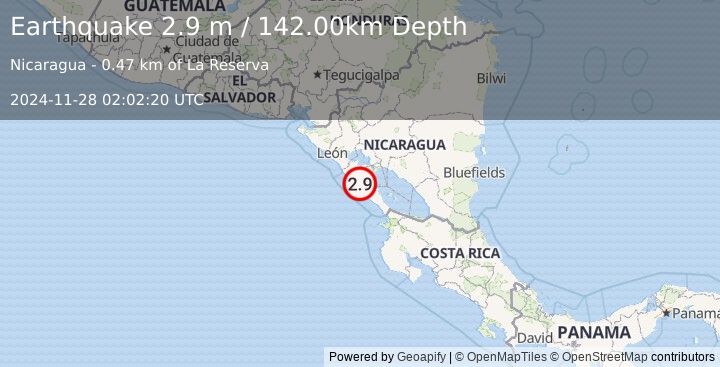 Earthquake NEAR COAST OF NICARAGUA (2.9 m) (2024-11-28 02:02:20 UTC)