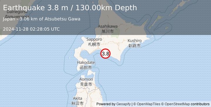 Earthquake HOKKAIDO, JAPAN REGION (3.8 m) (2024-11-28 02:28:05 UTC)