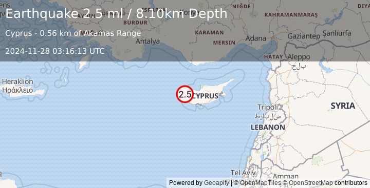 Earthquake CYPRUS REGION (2.5 ml) (2024-11-28 03:16:13 UTC)