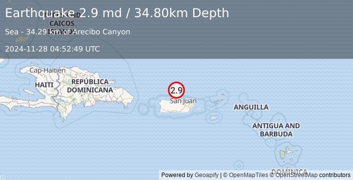 Earthquake PUERTO RICO REGION (2.9 md) (2024-11-28 04:52:49 UTC)