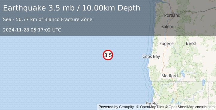 Earthquake OFF COAST OF OREGON (3.5 mb) (2024-11-28 05:17:02 UTC)