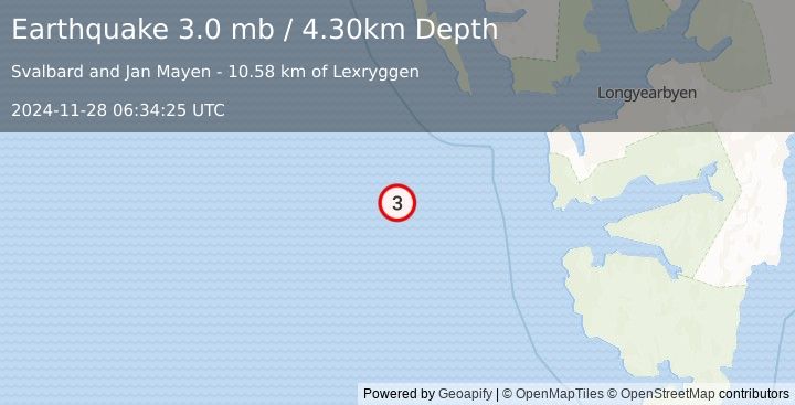 Earthquake SVALBARD REGION (3.0 mb) (2024-11-28 06:34:25 UTC)