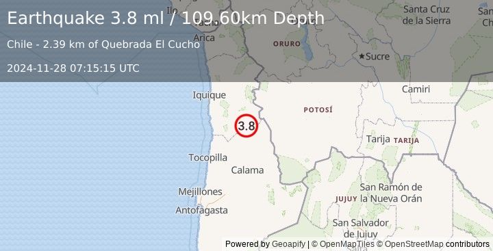 Earthquake TARAPACA, CHILE (3.8 ml) (2024-11-28 07:15:15 UTC)