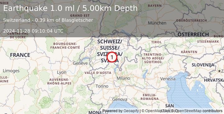 Earthquake SWITZERLAND (1.0 ml) (2024-11-28 09:10:04 UTC)