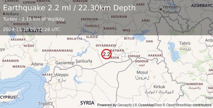 Earthquake EASTERN TURKEY (2.2 ml) (2024-11-28 09:32:28 UTC)