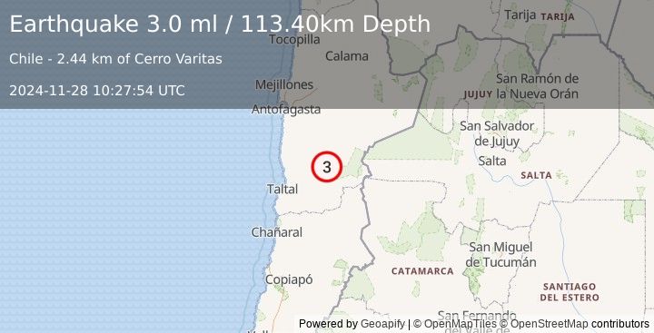 Earthquake ANTOFAGASTA, CHILE (3.0 ml) (2024-11-28 10:27:54 UTC)