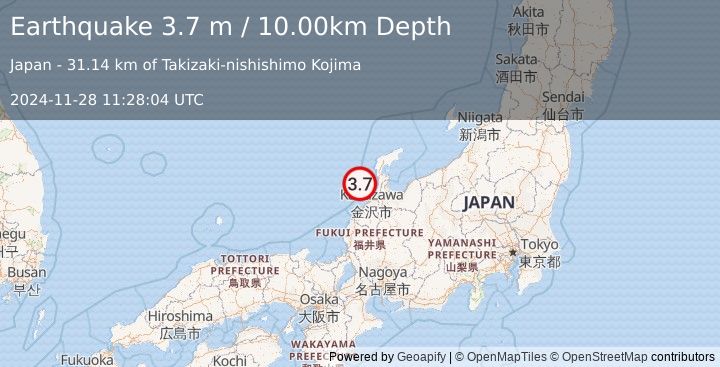 Earthquake NEAR WEST COAST OF HONSHU, JAPAN (3.7 m) (2024-11-28 11:28:04 UTC)