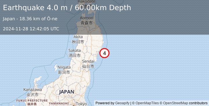 Earthquake NEAR EAST COAST OF HONSHU, JAPAN (4.0 m) (2024-11-28 12:42:05 UTC)