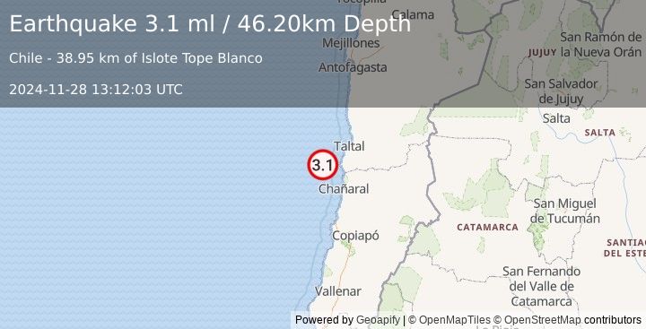 Earthquake OFF COAST OF ANTOFAGASTA, CHILE (3.1 ml) (2024-11-28 13:12:03 UTC)