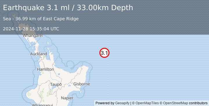 Earthquake OFF E. COAST OF N. ISLAND, N.Z. (3.1 ml) (2024-11-28 15:35:04 UTC)