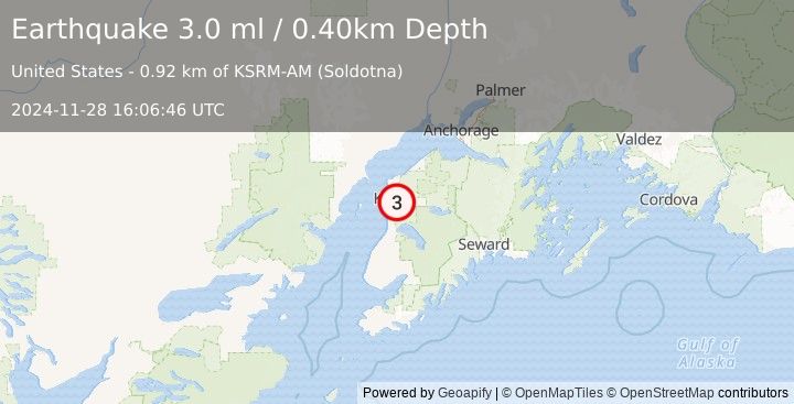 Earthquake KENAI PENINSULA, ALASKA (3.0 ml) (2024-11-28 16:06:46 UTC)